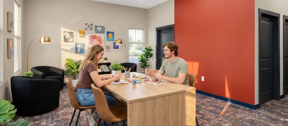 Client engaging in creative activity as part of cognitive behavioral therapy program