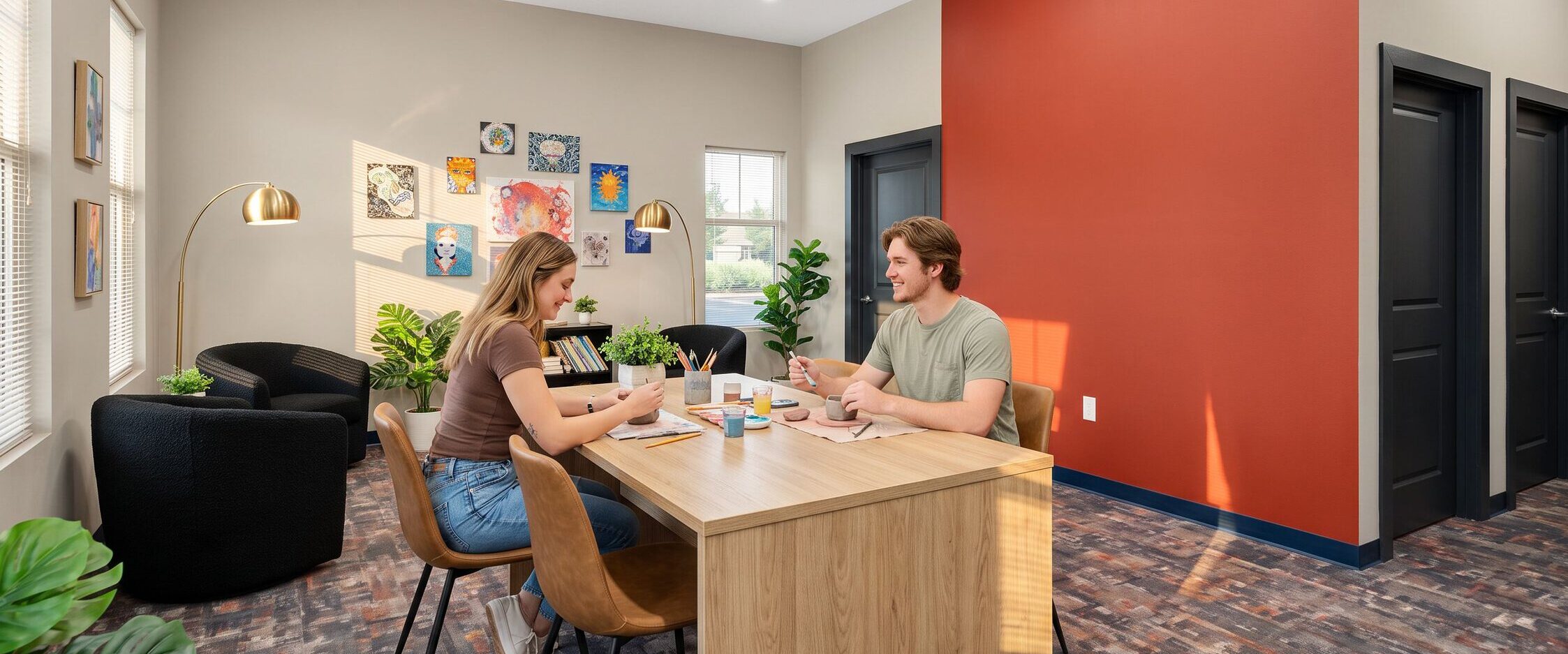 Client engaging in creative activity as part of cognitive behavioral therapy program