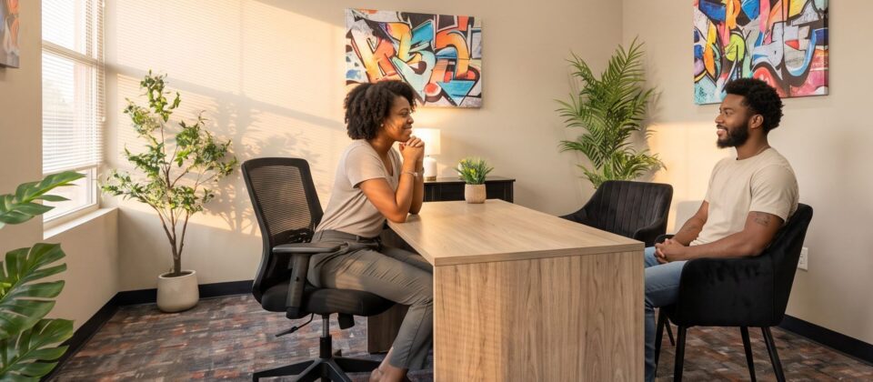 Counselor discussing 12 step program options with client in office