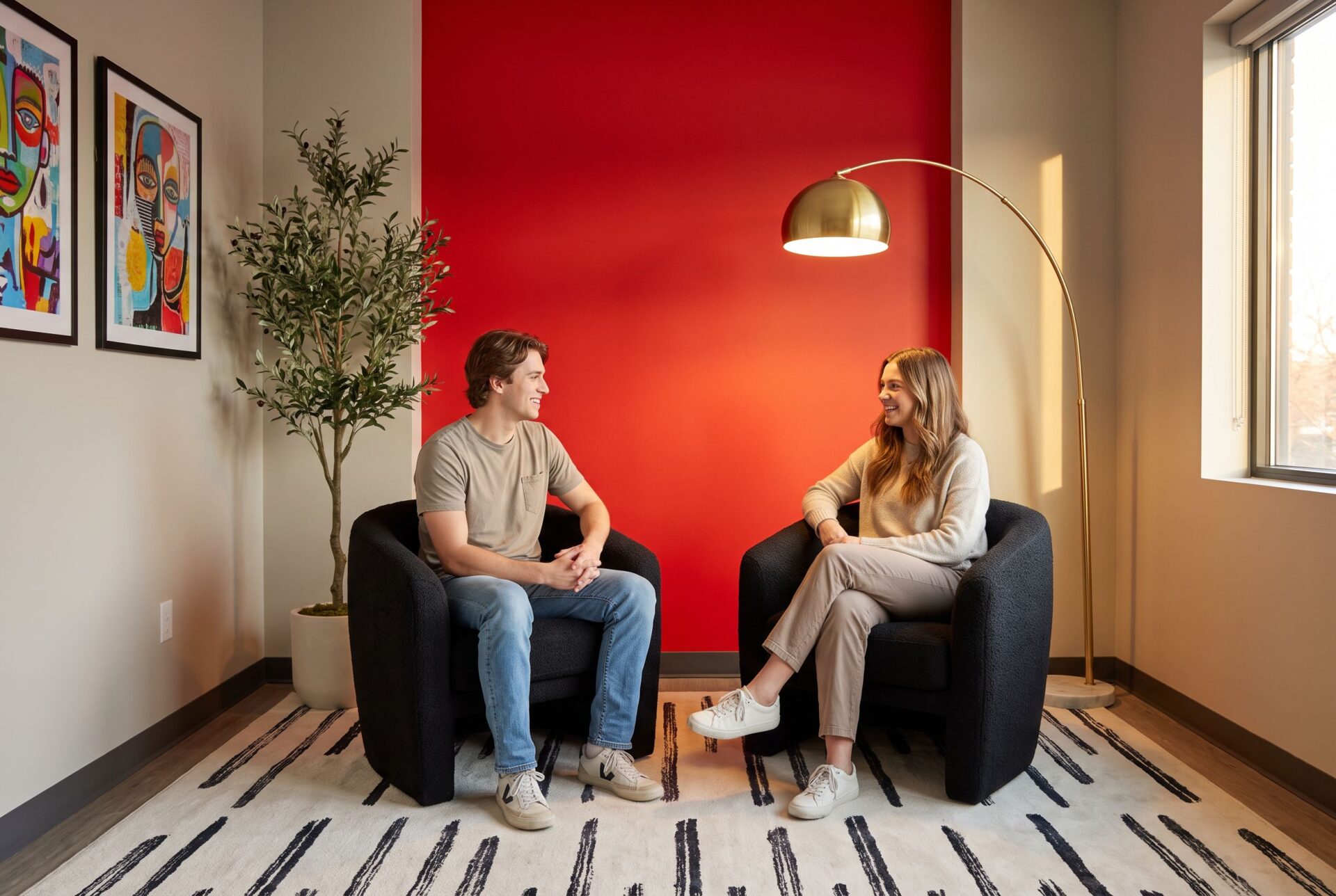Client and counselor in comfortable lounge setting for addiction treatment in Fort Wayne