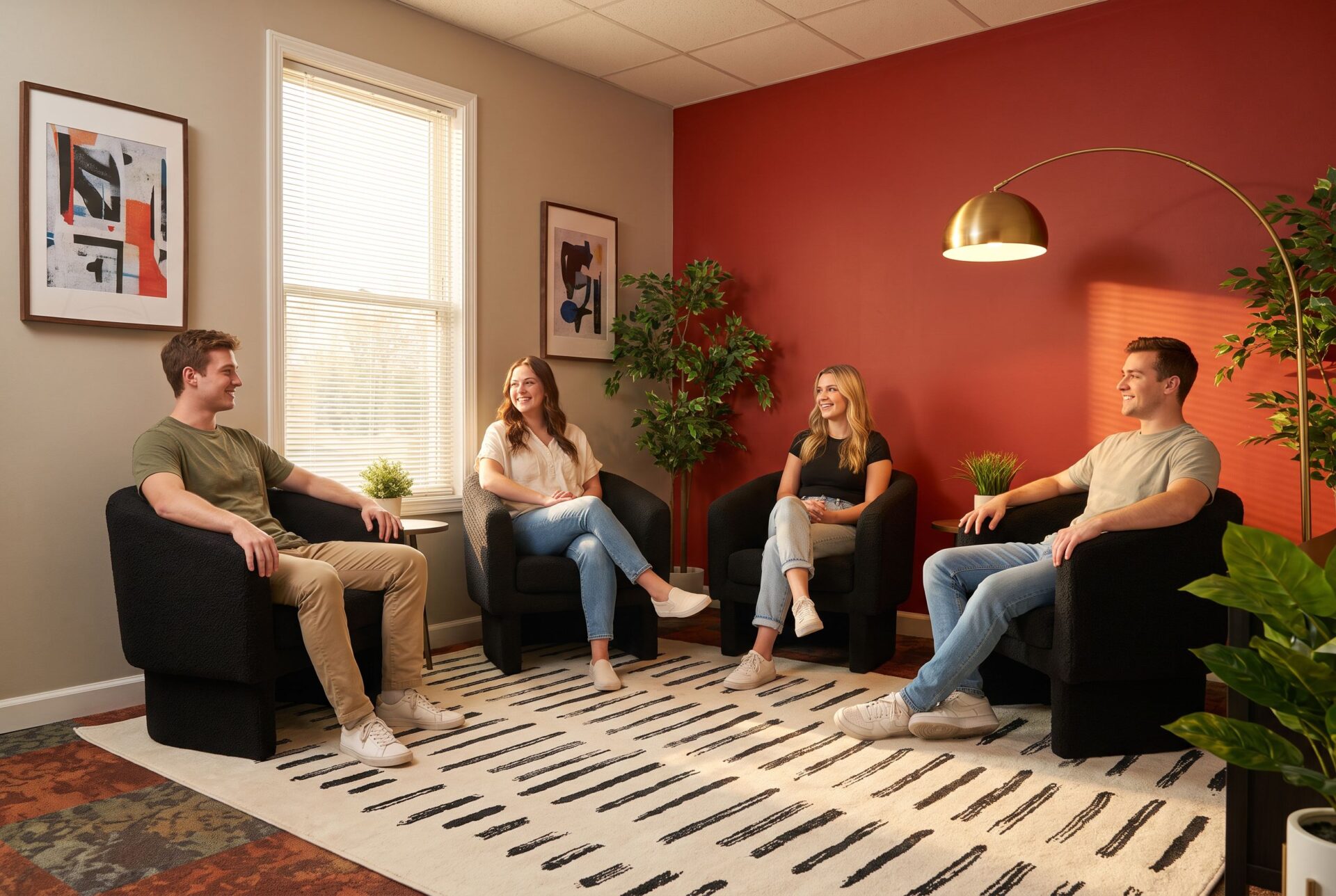 Clients and counselor in comfortable lounge setting for addiction treatment in Fort Wayne