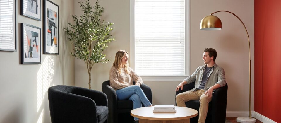 Client and counselor in one-on-one session at drug addiction treatment center in Indiana