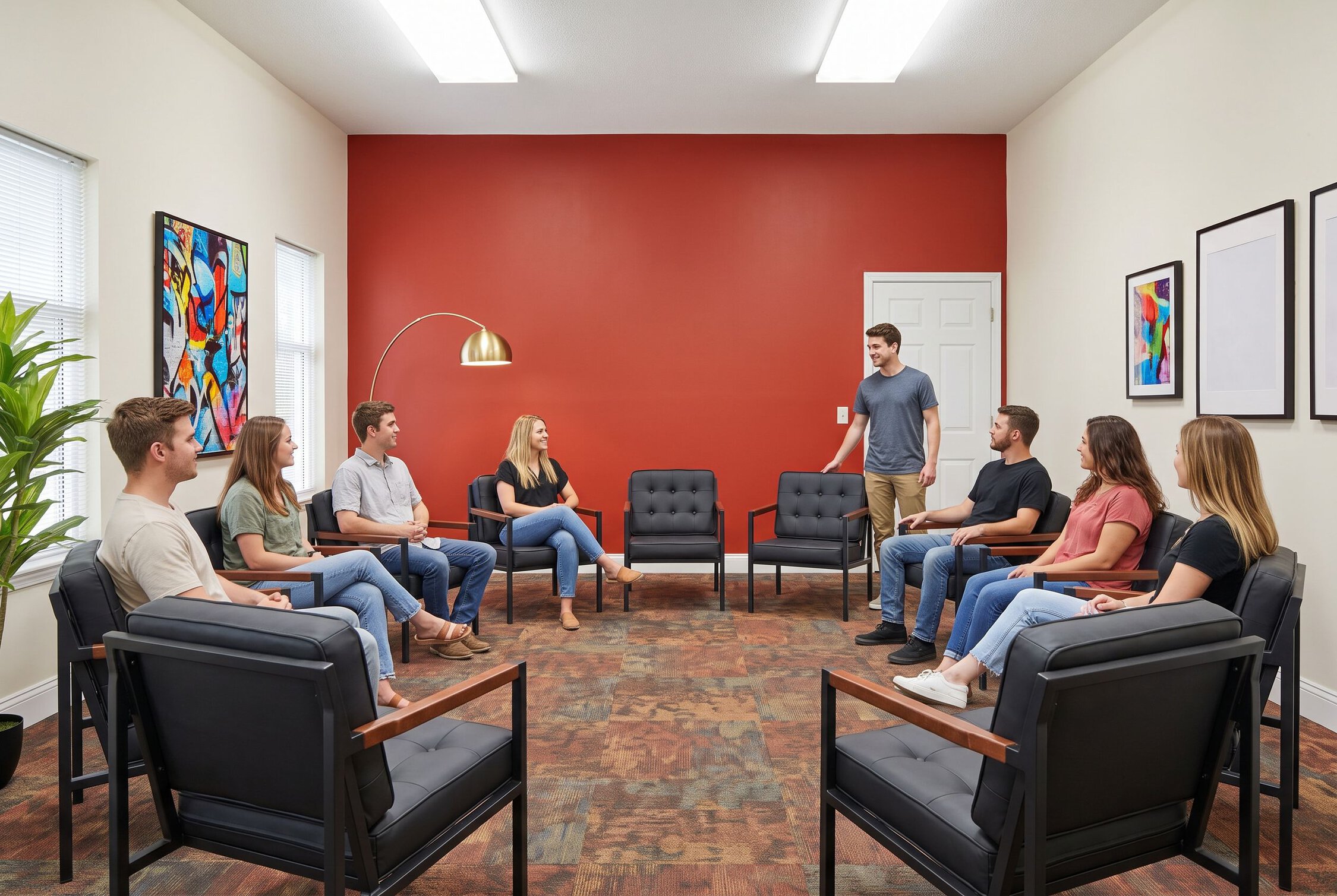 Clients and counselor in comfortable lounge setting for addiction treatment in Fishers