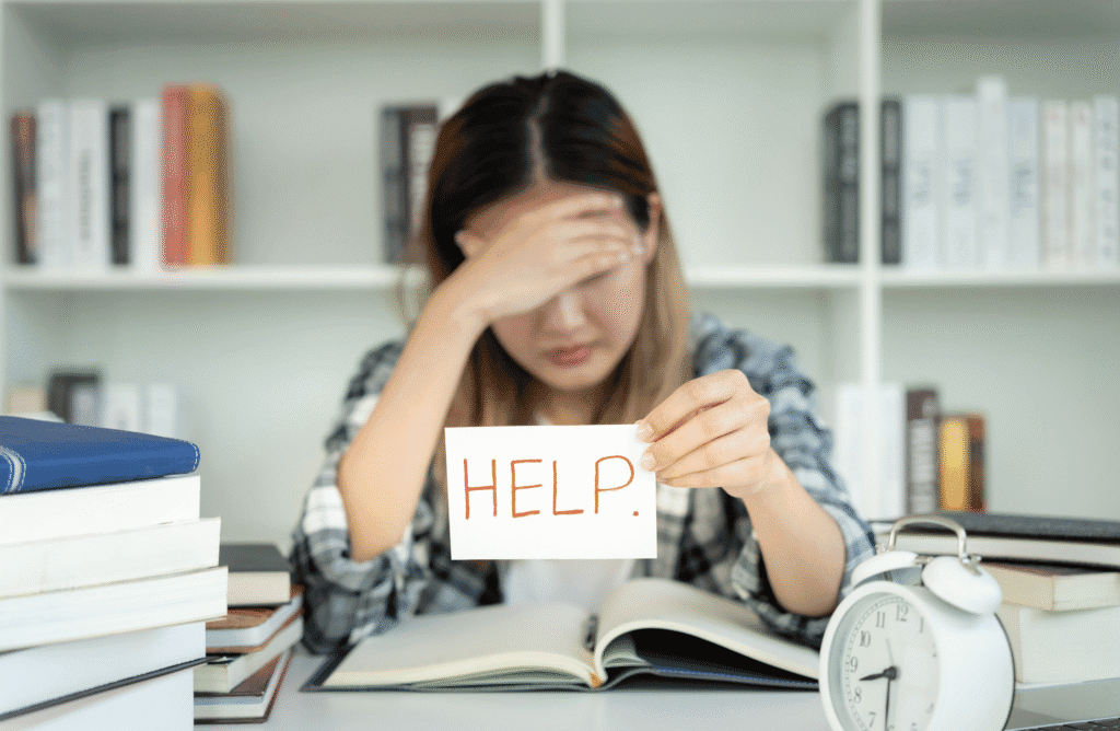 Crying woman holding a "HELP" sign, stressed and overwhelmed by addiction or mental health struggles.