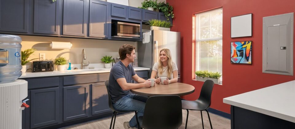 Clients connecting over coffee in shared break area between DBT sessions