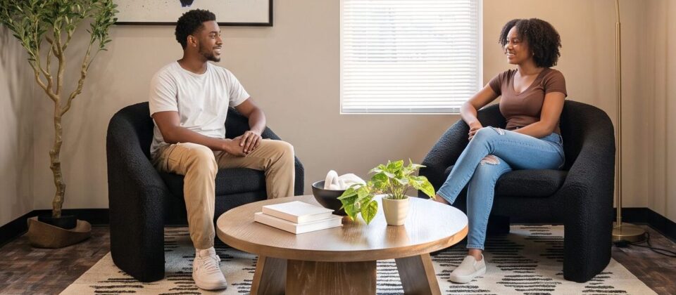 Client and counselor in comfortable lounge setting discussing Ambien addiction treatment