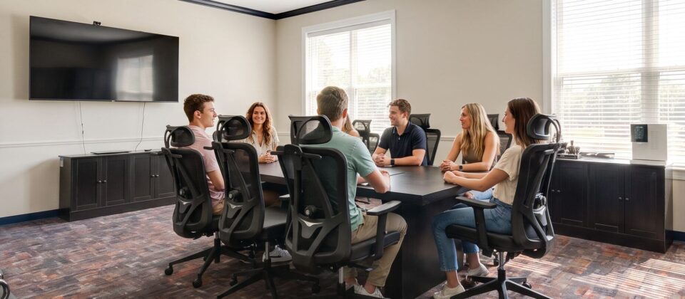 Group therapy session at codeine addiction treatment facility conference room