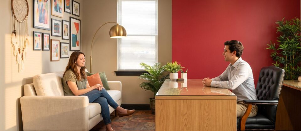 Client meeting with counselor in office setting for EMDR therapy consultation