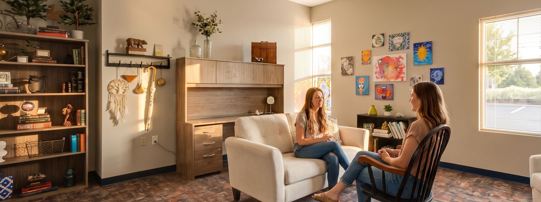 Client and counselor in warm office setting during motivational interviewing session
