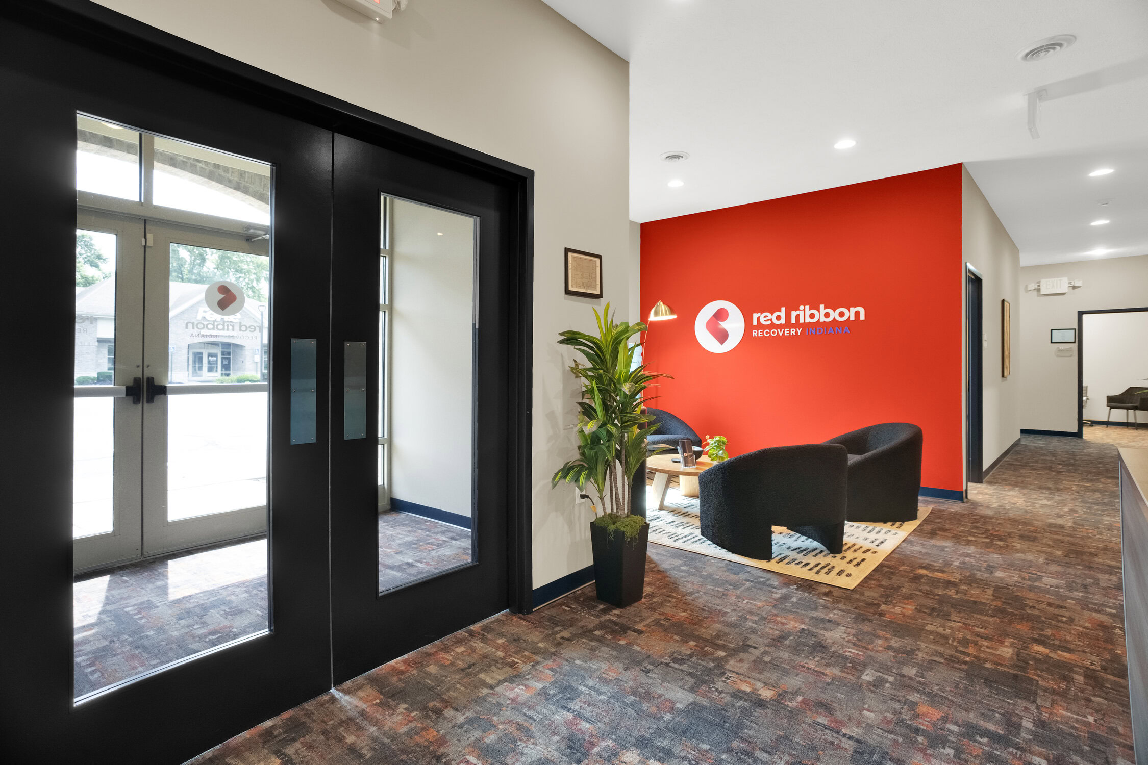 Comfortable waiting area at Red Ribbon Recovery Indiana addiction treatment center.