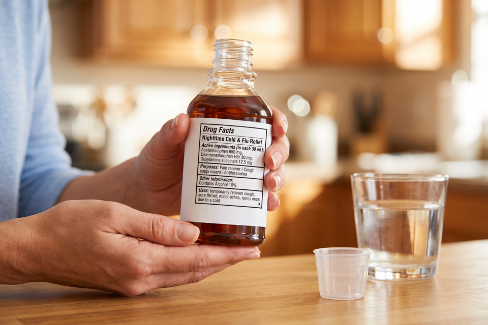 Person reading nighttime cold and flu medicine label