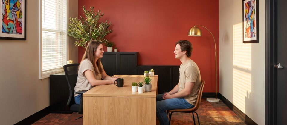 Methadone treatment counseling session with a healthcare professional and patient discussing addiction recovery in a private therapy setting.