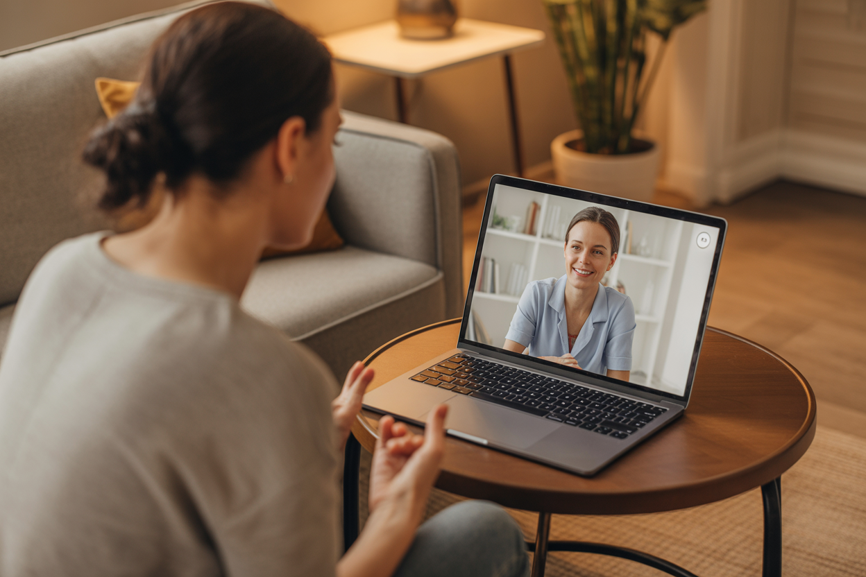 A compassionate therapist provides a telehealth session to a client on a laptop, conveying trust and accessibility.