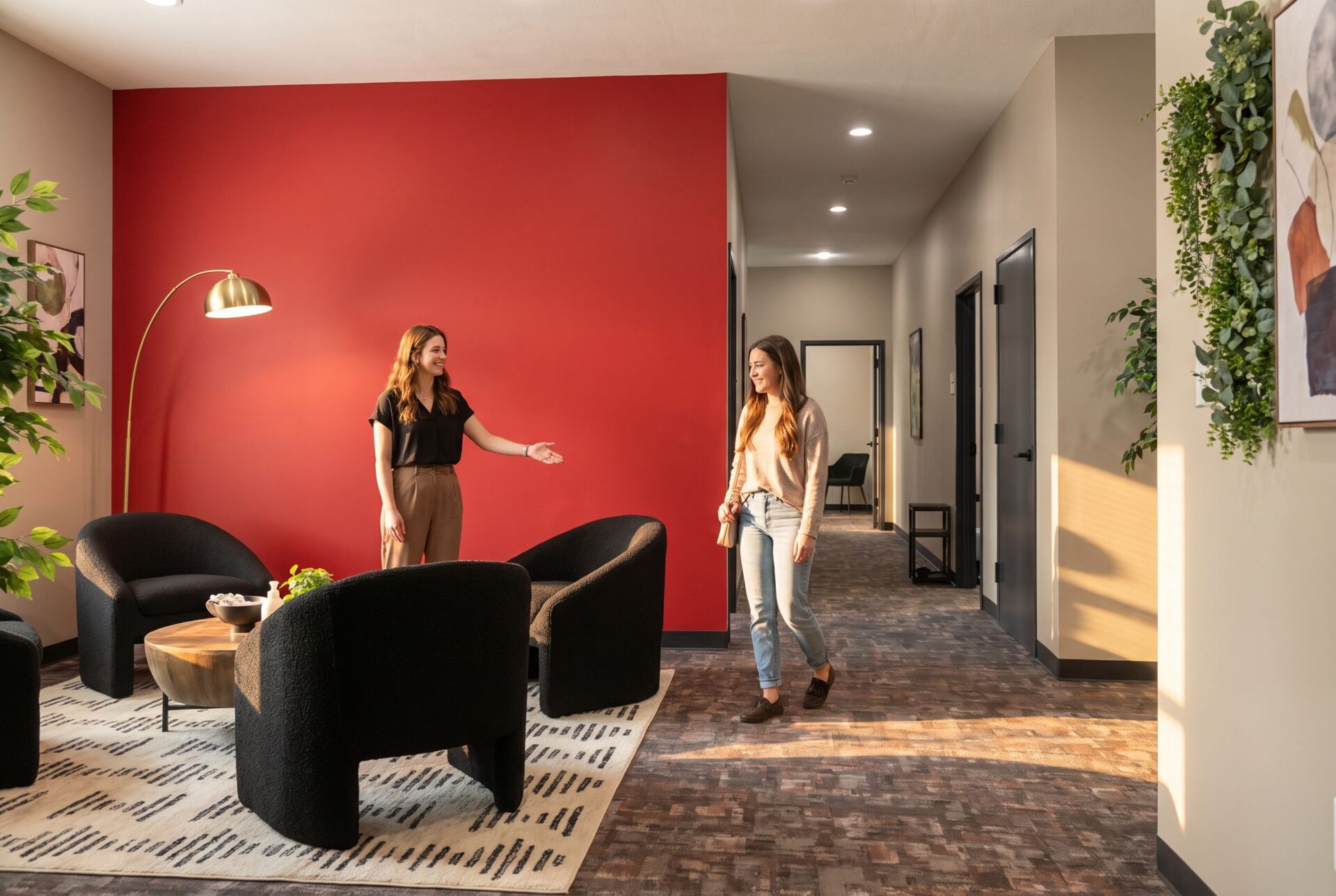 Staff member welcoming new client into lounge area at drug rehab Indiana facility