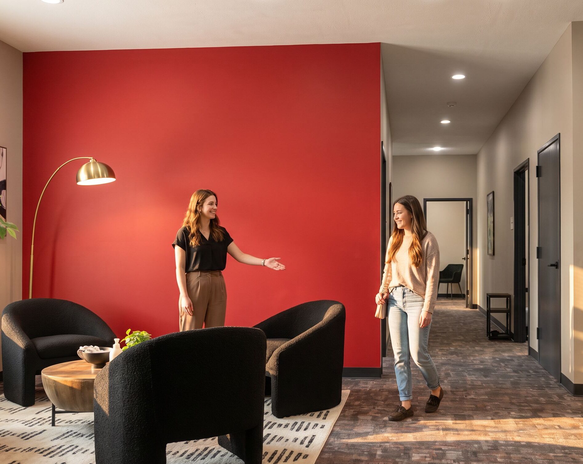 Staff member welcoming new client into lounge area at drug rehab Indiana facility
